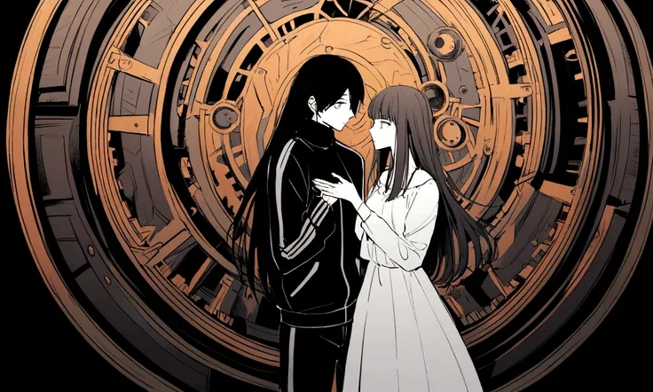 black and white drawing, giant clockwork background, 26-year-old male on the left 1, black neat hair, a lonely face, wearing gray tracksuit, Beautiful woman on the right 1, long straight hair, wearing a white dress, reaching out to each other