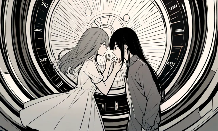 black and white drawing, giant clockwork background, 26-year-old male on the left 1, black neat hair, a lonely face, wearing gray tracksuit, Beautiful woman on the right 1, long straight hair, wearing a white dress, reaching out to each other