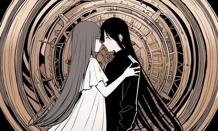 black and white drawing, giant clockwork background, 26-year-old male on the left 1, black neat hair, a lonely face, wearing gray tracksuit, Beautiful woman on the right 1, long straight hair, wearing a white dress, reaching out to each other