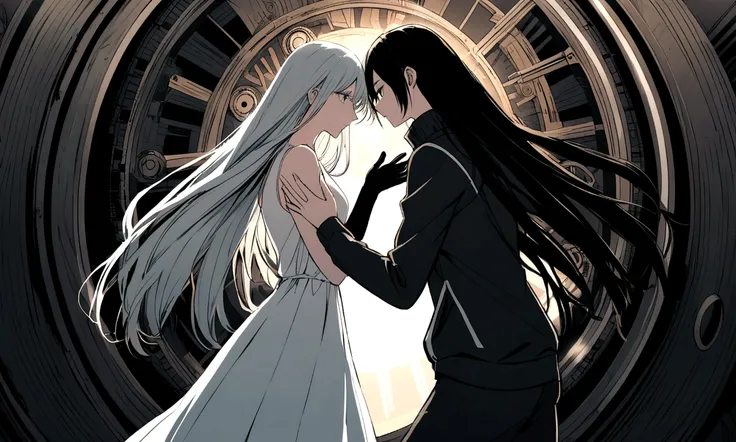 black and white drawing, giant clockwork background, 26-year-old male on the left 1, black neat hair, a lonely face, wearing gray tracksuit, Beautiful woman on the right 1, long straight hair, wearing a white dress, reaching out to each other