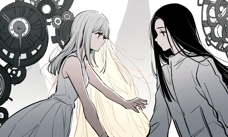 black and white drawing, giant clockwork background, 26-year-old male on the left 1, black neat hair, a lonely face, wearing gray tracksuit, Beautiful woman on the right 1, long straight hair, wearing a white dress, reaching out to each other