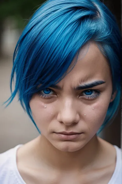 Person with blue hair with the face of a crying person