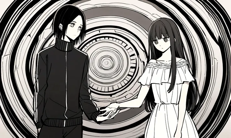 black and white drawing, giant clockwork background, 26-year-old male on the left 1, black neat hair, a lonely face, wearing gray tracksuit, Beautiful woman on the right 1, long straight hair, wearing a white dress, reaching out to each other