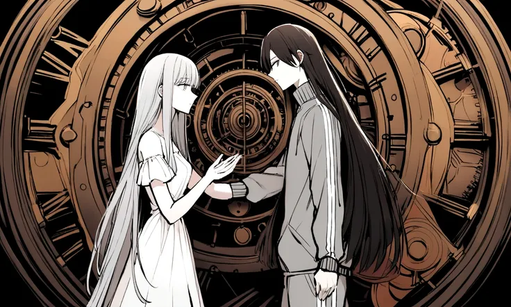 black and white drawing, giant clockwork background, 26-year-old male on the left 1, black neat hair, a lonely face, wearing gray tracksuit, Beautiful woman on the right 1, long straight hair, wearing a white dress, reaching out to each other