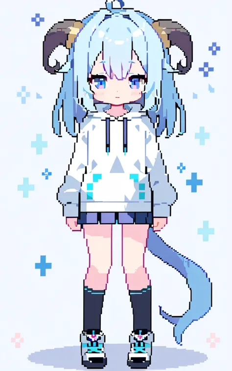 pixel art, cute ram girl, light blue hair and tail, purple and blue eyes, white hoodie, black long socks, sleepy