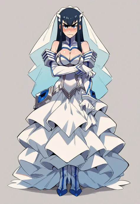 Satsuki Kiryuin from Kill La Kill dressed as a bride looking at the viewer head on in first person blushing with a serious and embarrassed full body 