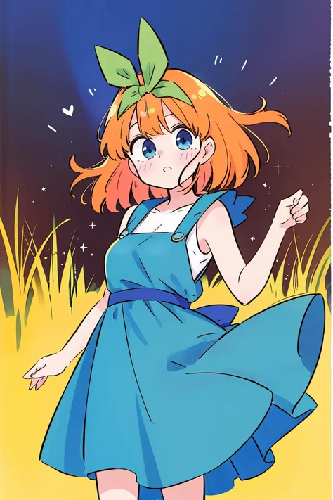 yotsuba nakano, green ribbon, dancing in the moonlight, dynamic pose, moonlight background, full body, dancing girl, pretty flow...