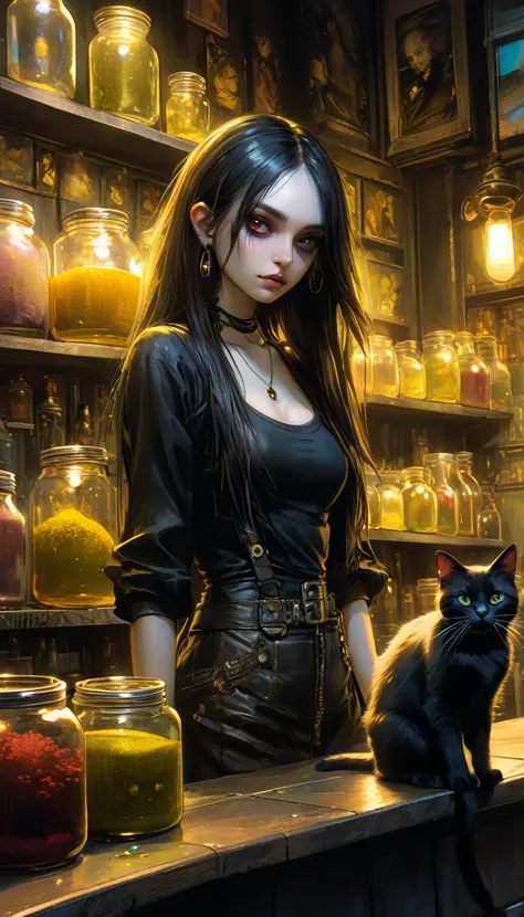 a sexy girl with a punk-gothic appearance and long hair whith a cat attends the shop at the counter, fantastic shop, disturbing, strange, unnatural, (Rembrandt Lighting: 1.3) light particles, shop with large jars, jars with eyes, jars with heads, close-up ...