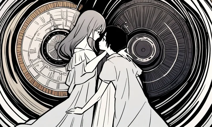 black and white drawing, giant clockwork background, 26-year-old male on the left 1, black neat hair, a lonely face, wearing gray tracksuit, Beautiful woman on the right 1, wearing a white dress, reaching out to each other