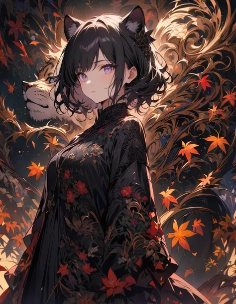 A girl with black hair and white eyes, dressed in dark , stands next to an anthropomorphic tiger, both looking at the camera. The background is adorned with intricate patterns of flowers and leaves., with a black color scheme, taken from a low angle shot, ...