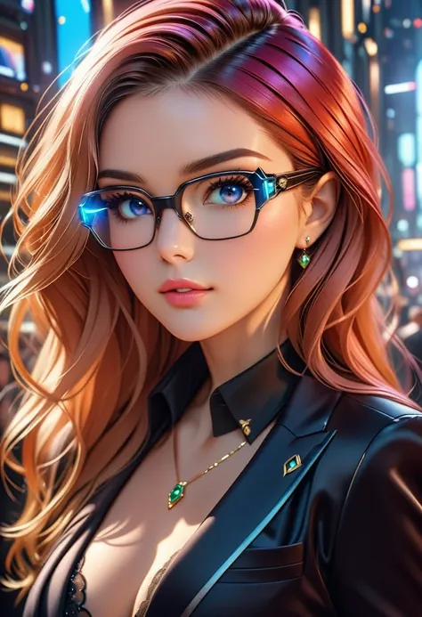 arafed a picture of a human female spy, wearing dark suit, wearing ((mecha glasses: 1.5))exquisite beautiful female, dynamic eye...