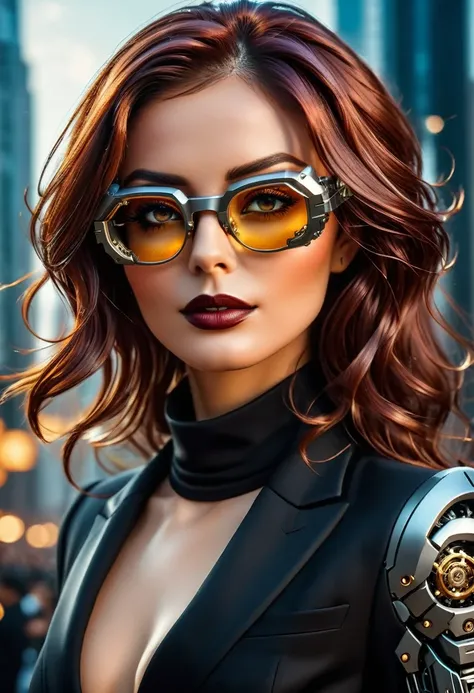 arafed a picture of a human female spy, wearing dark suit, wearing ((mecha glasses: 1.5))exquisite beautiful female, dynamic eye...