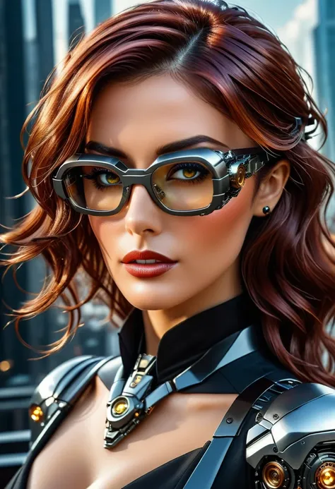 arafed a picture of a human female spy, wearing dark suit, wearing ((mecha glasses: 1.5))exquisite beautiful female, dynamic eye...