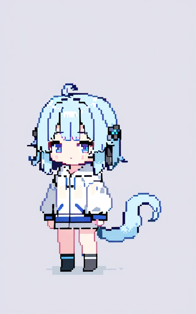 pixel art, cute ram girl, light blue hair and tail, purple and blue eyes, white hoodie, black long socks, sleepy