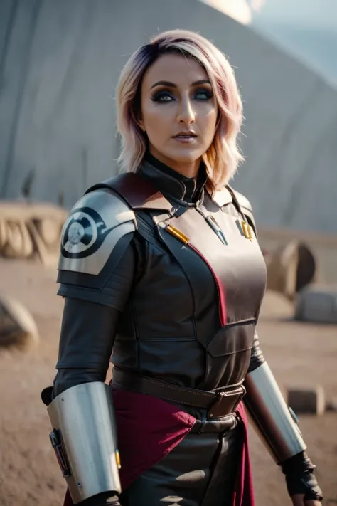 a photograph of a blonde Jessica Nigri cinematic photo sabine wren wearing armor at observatory. 35mm photograph, film, bokeh, professional, shot by david lachapelle, 4k, highly detailed