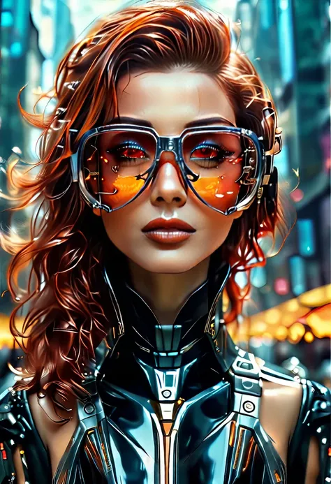 Arafed a picture of a human female spy, wearing dark suit, wearing ((mecha glasses: 1.5))exquisite beautiful female, dynamic eye color, dynamic hair color, dynamic hair style, glasses has intricate mechanical part in it, high society gala event background,...