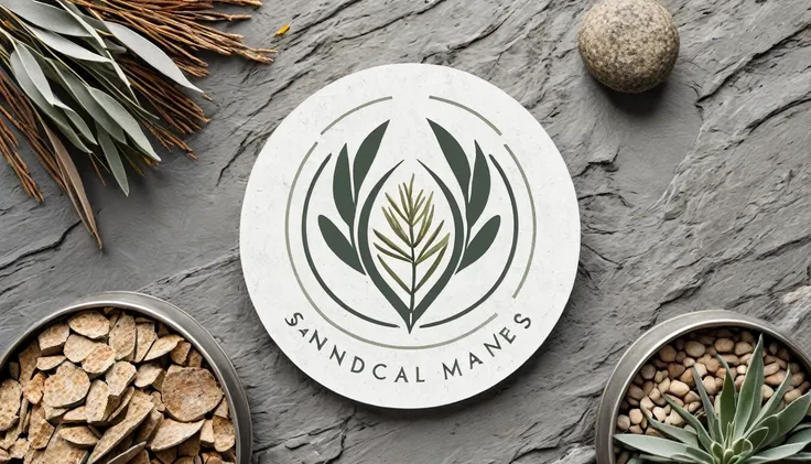 A circular flat lay logo for "The Syndicate" real estate investment syndicate, captured in a minimalist photography style, features a curated arrangement of natural elements inspired by the rugged Canadian Shield and vast prairies, including weathered rock...