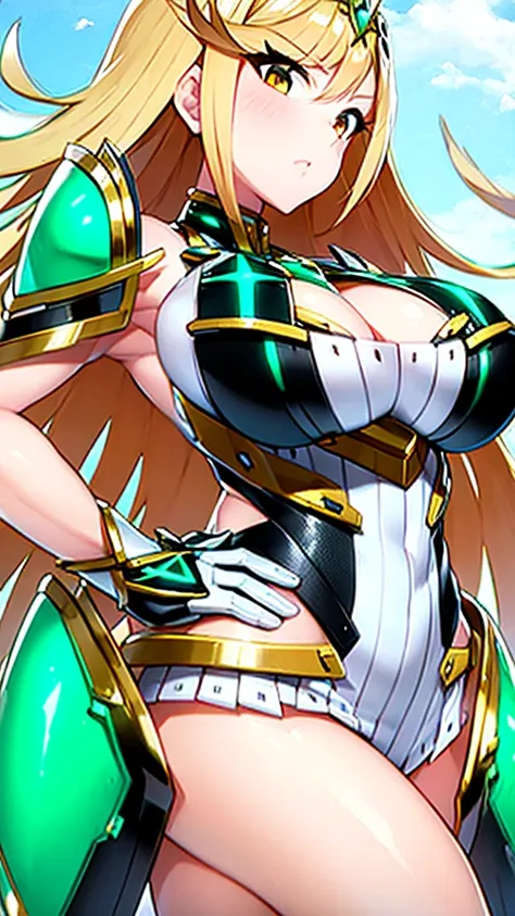 mythra from xenoblade, sexy girl, cleavage, large breasts, long hair, blonde hair, masterpiece, best quality, high resolution