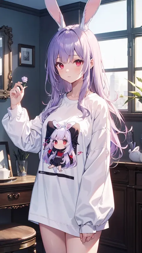 Realistic,highest quality, Ultra Detail, High-quality CG rendering, The most delicate and beautiful, Floating softly, High resolution, (1 girl), (Highest quality,4K,8K,masterpiece:1.2), Light purple hair,Rabbit,Bunny ears,Long Hair,Red eyes,(white oversize...