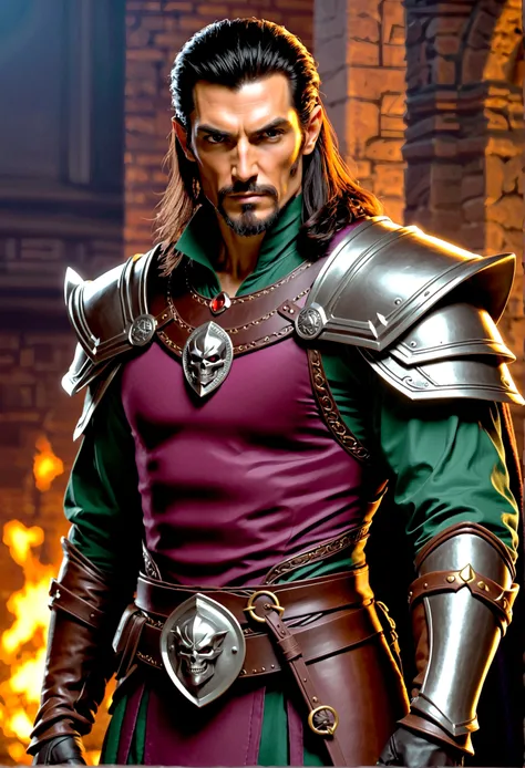 dungeons and dragons npc, dnd character, ((a man in his 50s who is tall and fit)), He has dark, slicked-back hair and a sharp-featured face that exudes charisma. His eyes shine with intelligence and brightness. he is dressed in flashy, expensive clothing, ...