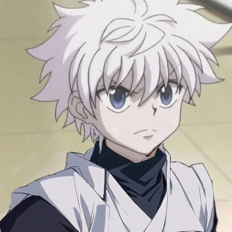 a close up of a person with white hair and blue eyes, killua zoldyck portrait, killua zoldyck, killua zoldyck black hair, nagito komaeda, killua zoldyck made of jewlery, hunterxhunter, kaworu nagisa, ginko showing a new mushi