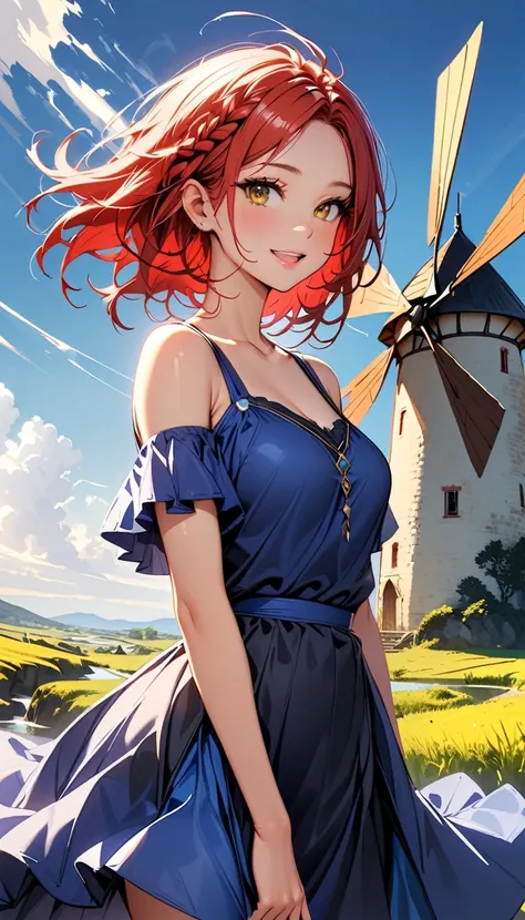 (highest quality:1.2), Very detailed, Vibrant, digital coloring, High Contrast, masterpiece:1.2, highest quality, Best aesthetics, 1 female, red Hair, (single braid:1.5), messy hair, vivid yellow eyes, (((Blue Dress:1.2))), (fantasy landscape:1.4), windmil...