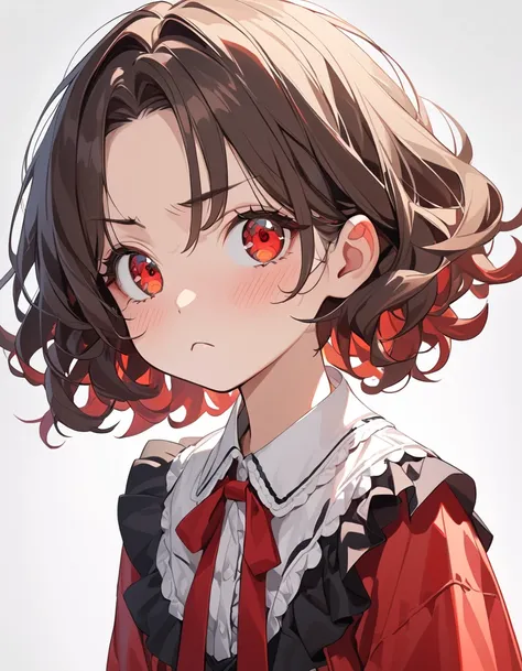 1girl, {masterpiece,best quality,ultra-detailed,beautiful detailed eyes}, {dark brown hair, short hair, flipped hair, curly hair,katyume, hair ribbon, parted bangs}, {Gradient eyes from black to red, round eyes, cute eyes}, cute girl, 17 years old, simple ...