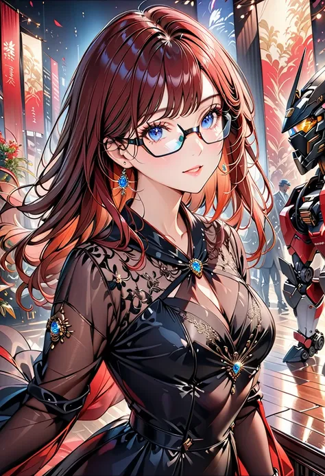 Arafed a picture of a human female spy, wearing dark suit, wearing ((mecha glasses: 1.5))exquisite beautiful female, dynamic eye color, dynamic hair color, dynamic hair style, glasses has intricate mechanical part in it, high society gala event background,...