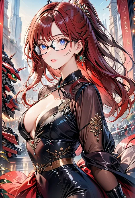 Arafed a picture of a human female spy, wearing dark suit, wearing ((mecha glasses: 1.5))exquisite beautiful female, dynamic eye color, dynamic hair color, dynamic hair style, glasses has intricate mechanical part in it, high society gala event background,...