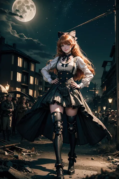  smile, hands on hips,  underbust, Penny Polendina, long hair, neck ribbon, suspender skirt, corset, black bow, white blouse, mechanical legs, neon trim, outdoors, dynamic pose, night, stars, moon, walking with crowd on old suspension bridge, river, wrecke...