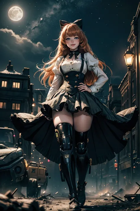  smile, hands on hips,  underbust, Penny Polendina, long hair, neck ribbon, suspender skirt, corset, black bow, white blouse, mechanical legs, neon trim, outdoors, dynamic pose, night, stars, moon, walking with crowd on old suspension bridge, river, wrecke...