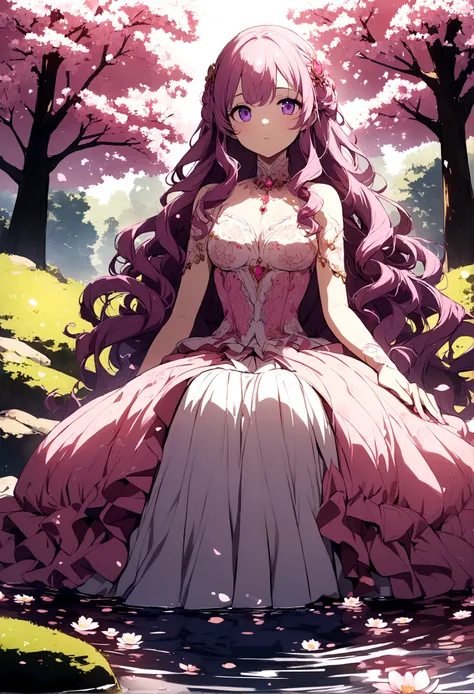 An extremely beautiful anime girl with purple wavy hair with pink tips wearing a detailed pink ballgown sitting under a cherry blossom with a pond below