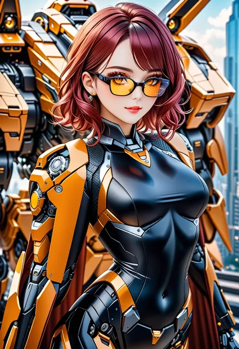 Arafed a picture of a human female spy, wearing dark suit, wearing ((mecha glasses: 1.5))exquisite beautiful female, dynamic eye color, dynamic hair color, dynamic hair style, glasses has intricate mechanical part in it, high society gala event background,...