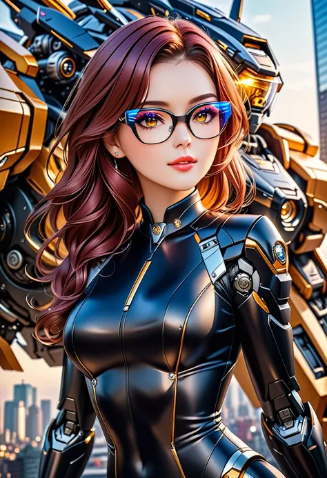 Arafed a picture of a human female spy, wearing dark suit, wearing ((mecha glasses: 1.5))exquisite beautiful female, dynamic eye color, dynamic hair color, dynamic hair style, glasses has intricate mechanical part in it, high society gala event background,...