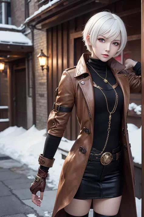 Anime character, white short hair, red eyes with winter clothes in steampunk city