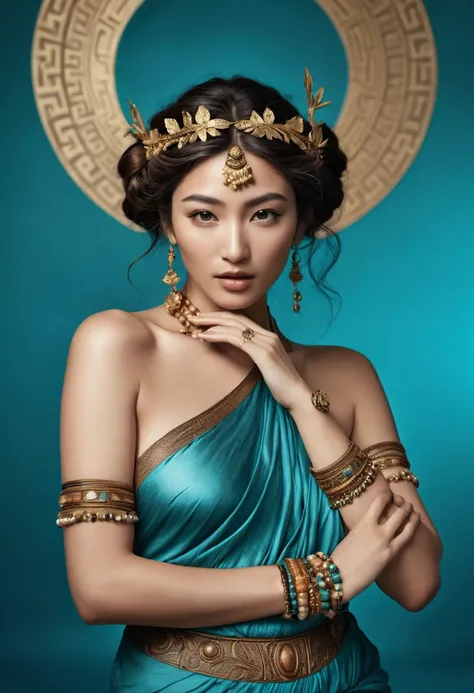 (A half-asian, asian-european, woman in the style of a greek goddess. bronze skin. Aphrodite, goddess, divine aura) (teal and bronze colours) (high contrast background) (wearing ancient jewellery on upper arms, neck, wrists, fingers) (polaroid camera) (RAW...