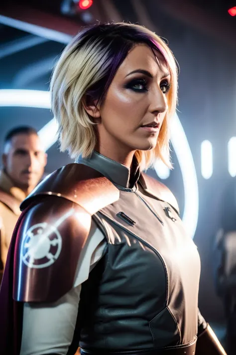 a photograph of a blonde Jessica Nigri cinematic photo sabine wren wearing armor at observatory. 35mm photograph, film, bokeh, professional, shot by david lachapelle, 4k, highly detailed
