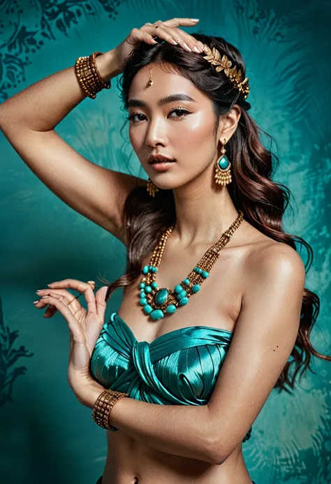 (A half-asian, asian-european, woman in the style of a greek goddess. bronze skin. Aphrodite, goddess, divine aura) (teal and bronze colours) (high contrast background) (wearing ancient jewellery on upper arms, neck, wrists, fingers) (polaroid camera) (RAW...