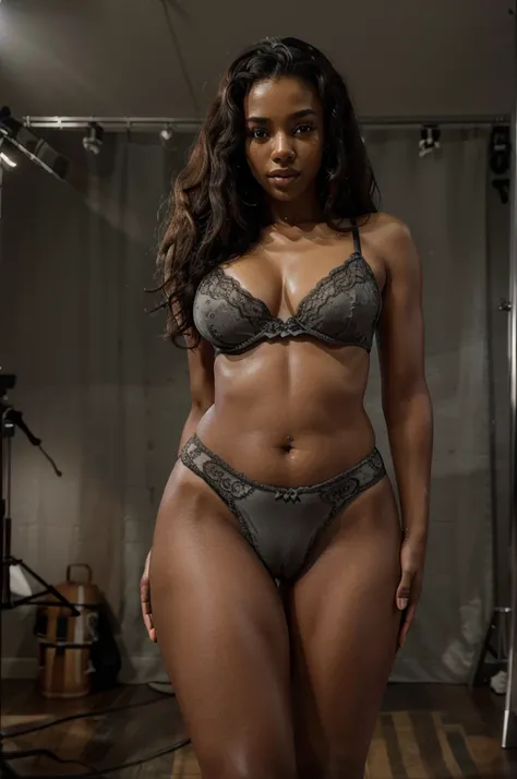 "Bright cinema lights. Create a surreal 8K HD image of a young Black woman, 23 years old, with naturally curly afro hair, slim and attractive, modeling photorealistic light gray lingerie in a modeling studio. Her face is that of a beautiful doll, with a ve...