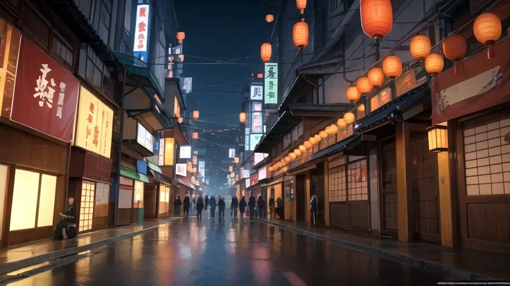 Picture of a couple standing on a bridge in front of a building, Dreamy Chinese town, Japanese cities, Japanese Street, Japanese art style, Japanese city at night, Downtown Japan, Anime Background Art, Traditional Japanese concept art, Colorful Fox City, C...