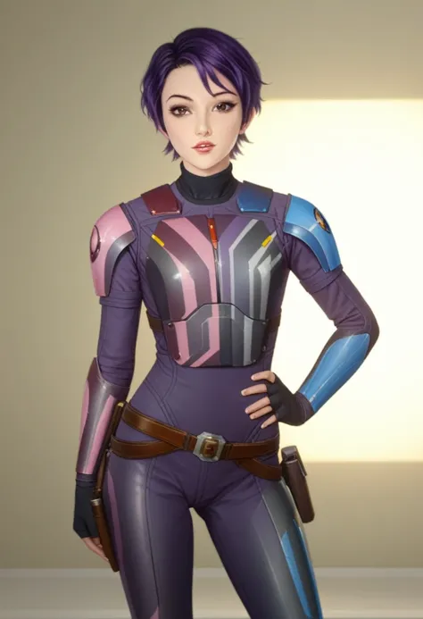 score_9_up, score_8_up, score_7_up, 1girl, solo, mature female, ((Sabin Wren)), purple short  hair, pixie haircut, brown eyes, pink lips, parted lips, fit slim body, (((Sabin’s armored suit, brown belt with holster))), (((dark grey Starship room, space in ...