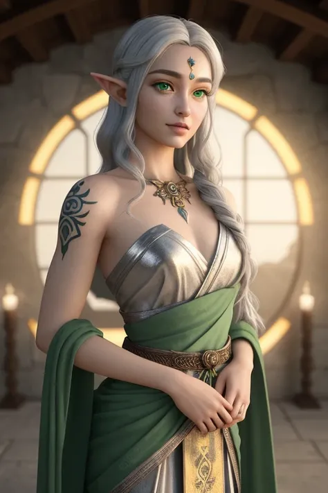 Masterpiece, a beautiful woman elf light-skinned "Arya"  with a slight golden hue and silver hair, connects spiritually in a sacred ceremony. His green eyes shine deeply, and his bioluminescent vine-shaped tattoo on his left arm glows brightly. The lightin...