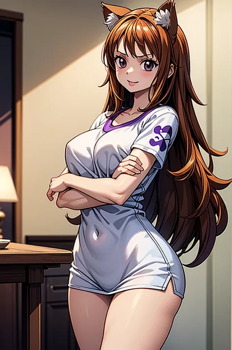 1 female, one piece style, small kid dog girl, realistic lips oversized white t-shirt going all the way to the thighs, arms cros...