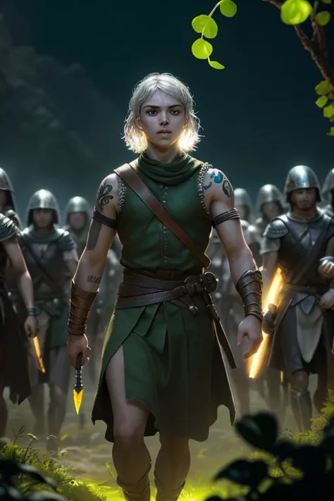 Arya, with her light golden skin and silver hair, He leads his people in an epic battle. His green eyes shine with determination, and his bioluminescent vine-shaped tattoo on his left arm glows in the midst of battle. The scene has vibrant, bioluminescent ...