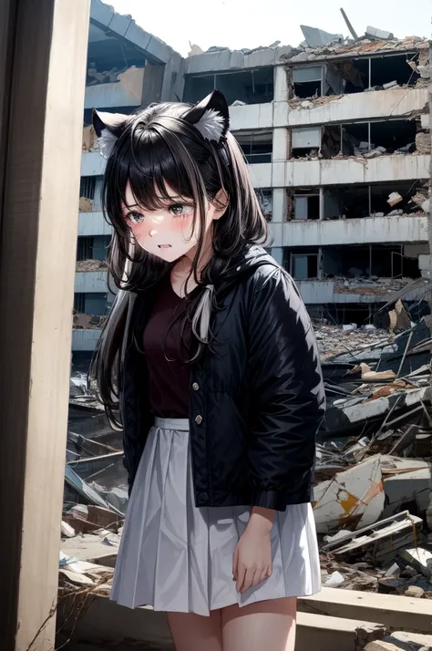 Nine year old  crying, black hair with white highlights and black tiger ears, eyes black,She is in a building that was destroyed.