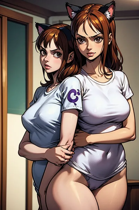 1 female, ONE PIECE STYLE, small kid dog girl, realistic lips oversized white t-shirt going all the way to the thighs, arms crossed propping up breast, hourglass figure, cat ears, in an apartment, sigh, light brown hair, purple eyes, laughing, best quality...