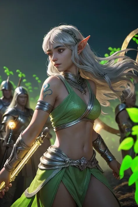 Arya a beautiful elf, with her light golden skin and silver hair, He leads his people in an epic battle. His green eyes shine with determination, and his bioluminescent vine-shaped tattoo on his left arm glows in the midst of battle. The scene has vibrant,...