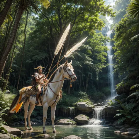 central figure:Caboclo Sete Flechas: A majestic indigenous warrior, imposing and wise, dressed in traditional costumes. Include a headdress adorned with colorful feathers and a serene countenance, conveying protection and leadership.enviroment:Green Forest...