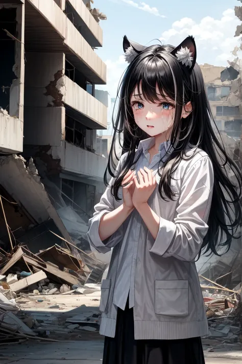 Nine year old  crying, black hair with white highlights and black tiger ears, eyes black,She is in a building that was destroyed.