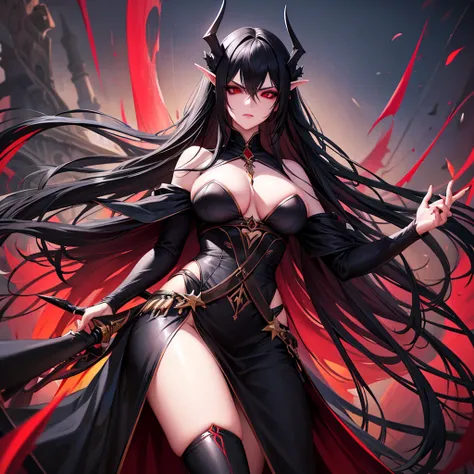 Make a dark elf with long black hair, Eyes red, long black dress, holding knives for angry combat Make her beautiful with beautiful body 